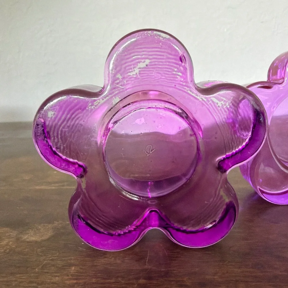 Retired PartyLite Color Lites Purple Flower Glass Tealight Holders Y2K Lot of 2 - Picture 3 of 8